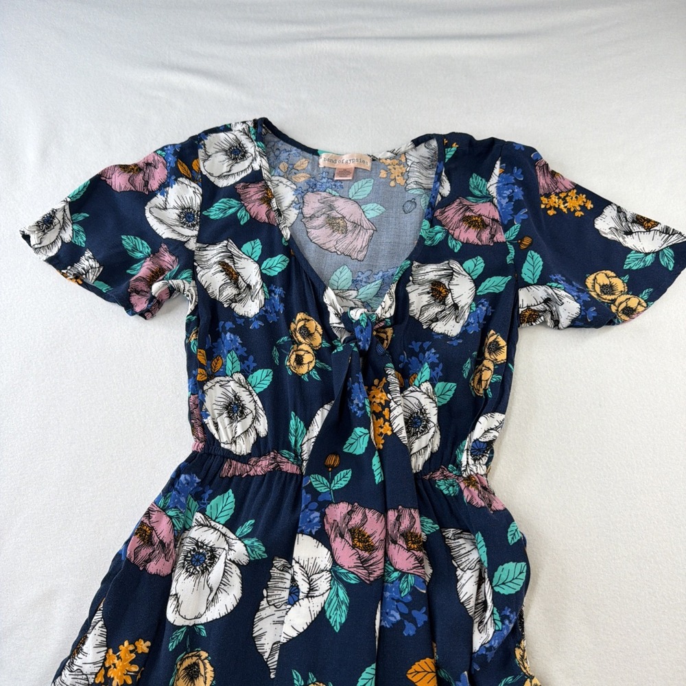Band of Gypsies Womens XS Floral Jumpsuit Navy Wide Leg Tie Front Boho - Picture 3 of 11
